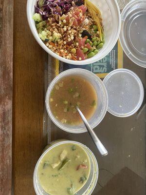 Poke bowl, miso soup, & green Thai curry