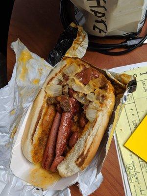 the new $5 Steak and Shake chili cheese dog. Half the size, same price.  Bonus, the toppings fell to the bottom because hotdog was vertical.