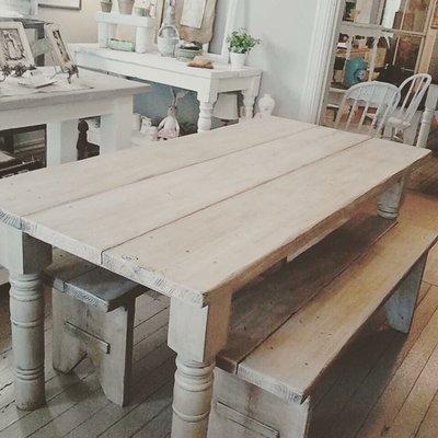 Painted Farmhouse Harvest Table with matching Benches