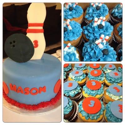 Bowling themed cake and cuppies