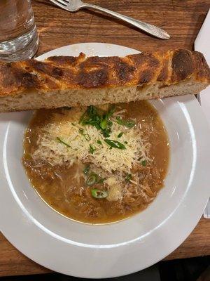 French onion soup with focaccia made in class!