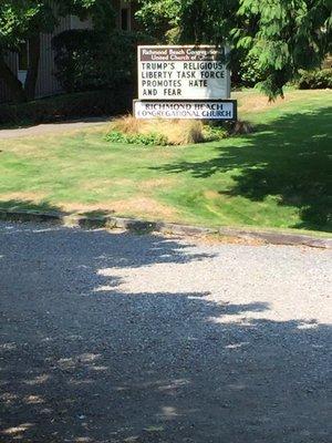 Richmond beach Congregational Church sign promotes political viewpoint