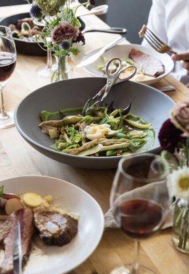 pea salad with parmesan and poached egg