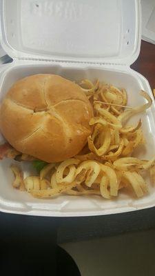 Bacon cheddar burger and curly fries..just no bueno!