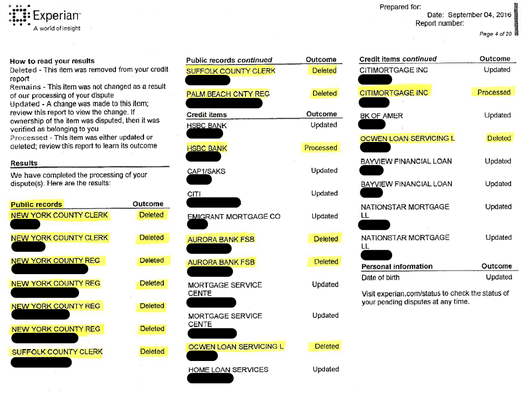 EXPERIAN RESULTS/DELETIONS