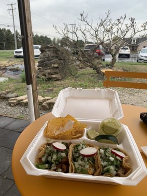 Pork, chicken, steak taco. (Taco combination).