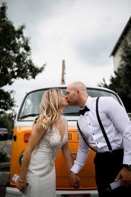 Cheers to the Bride and Groom. 77 VW Photo Booth Bus at The Holly Vault.