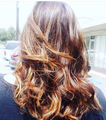 Red base with caramel toned balayage