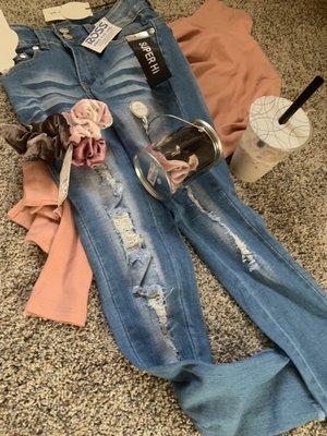 Pink turtle neck  Scrunchies (multiple color) Ripped jeans (my favorite)