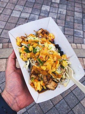 Mahi Bowl with added Beans, Slaw and Pineapple Salsa.