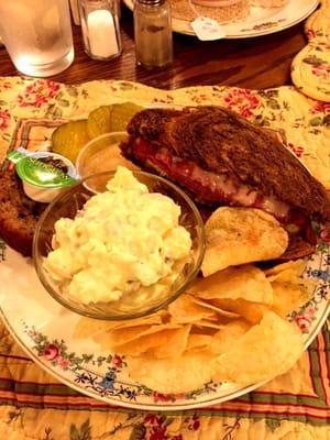 Ruben with potato salad and chocolate banana bread.