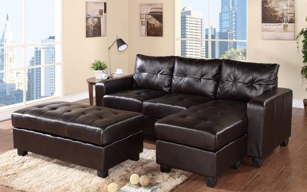 Brown Reversible Bonded Leather Sectional Set with Ottoman -$699