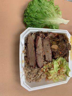 Oxtail, brisket and rice and pease/ w fried cabbage