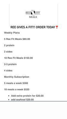 Price list for Ree Fit Meals