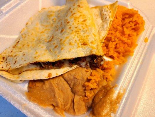 Asada Quesadilla with rice and beans - $10.99 on Doordash