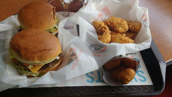 Papa burgers, tenders, corn dog nuggets.