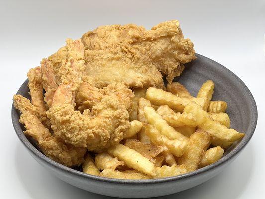 Fried fish and Shrimp with a side of fries