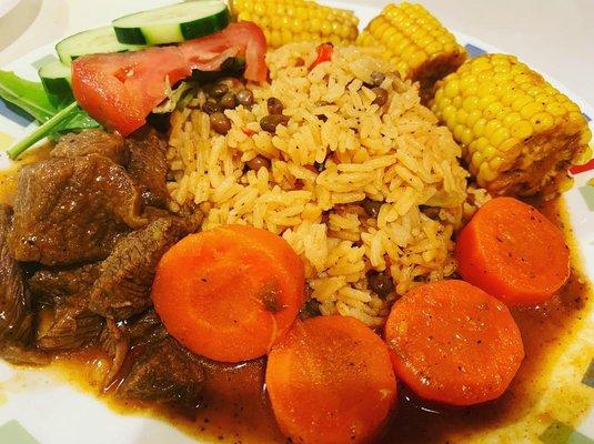 Stewed Beef! Rice and Peas. Get it! (917) 396-8268. Follow us on Instagram @dropthepots