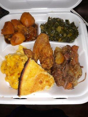 Roast Beef dinner with collard greens, mac n cheese, sweet potatoes, cornbread, and fried chicken wings