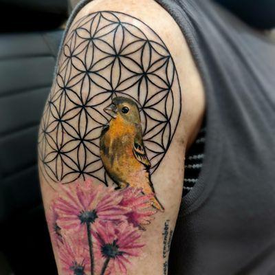 Goldfinch and Flower of Life by artist/owner Mark Strong.