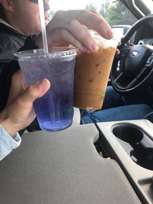 Lotus with watermelon (blue lotus, left) and sweet dirty chai, iced (right)