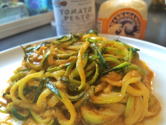 Raw zucchini noodles with Tomato Pesto, and chopped mozzarella