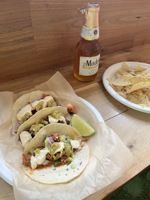 Chicken taco, Chorizo taco, & Lengua taco.