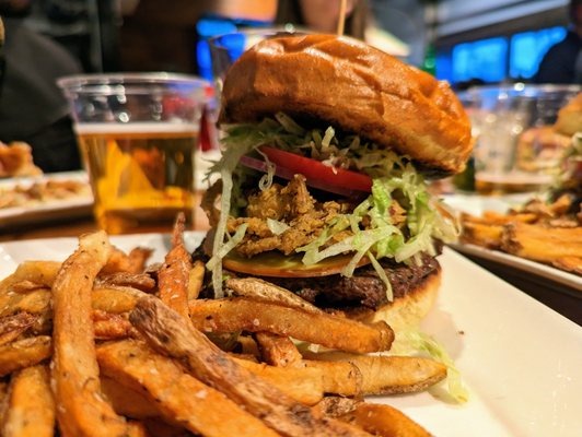 Steakhouse Burger. $14.50. House-ground beef, Gouda, crispy onions, Sriracha steak sauce, LT, red onion, house pickles, peppercorn mayo.