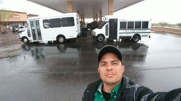 Owner of Good Times Rollin LLC fueling up the buses before a wedding party transportation.