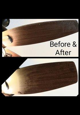 Before and after photo on a fan blade.