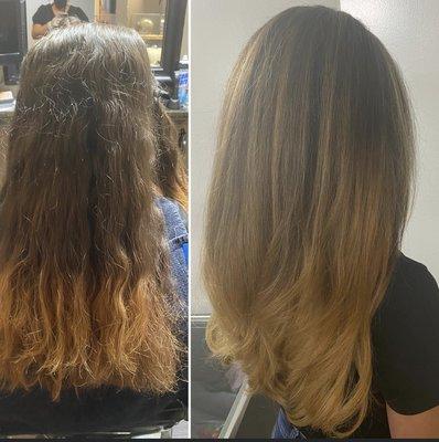 Before and after of a balayage and cut by Jessie