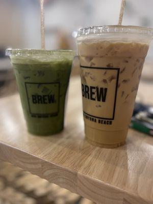 Iced latte w/ oatmilk & honey and a iced matcha latte with oatmilk & honey