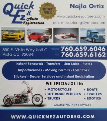 Our Business Card We specialize in auto, commercial, boats, trailers, motorcycles and any off highway vehicle