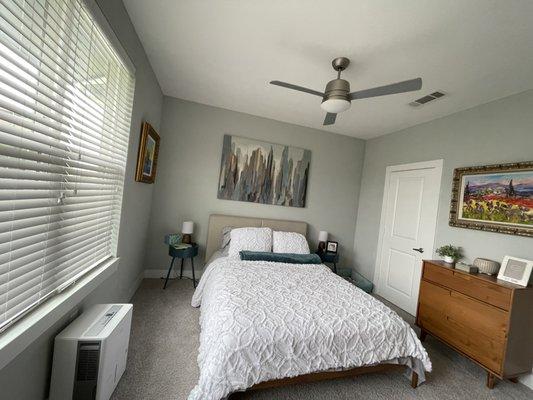 Dusted the blinds, window frame, and ceiling fan.