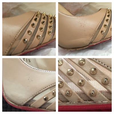 Top two before. Bottom two after.WHY is there sloppy polish by the spikes of the shoe?they damaged it and attempted to cover it.