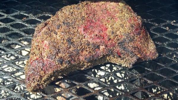 whole Tri-tip beef roast. We shave it thin and serve it on grilled french bread, with fire roasted salsa. Santa Maria Style!