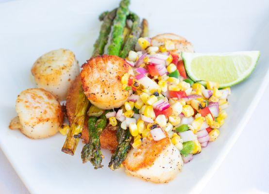 Seared Sea Scallops  Polenta Cake | Aspargus Spears | Corn Relish