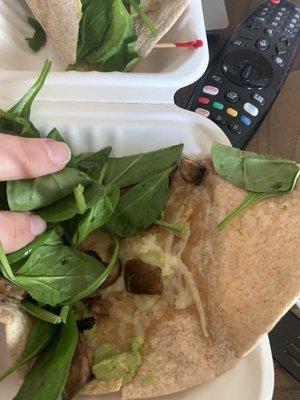 This is the guacamole in the wrap. What the heck? It's been getting worse but this is $8 for a stale wrap with no guacamole.