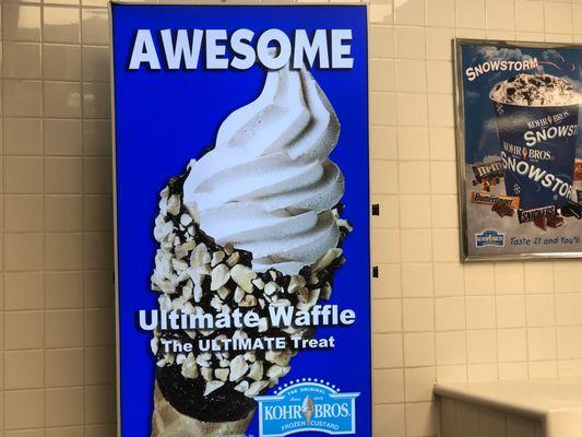 Flyer on the wall promoting their ultimate waffle cones: flavor dipped on chocolate w/ things like jimmies, nuts, and more. (7/31/2019)