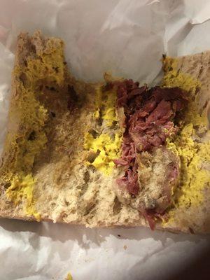 Pastrami and cheese...half filled with pastrami and no cheese..had to add mustard to taste...even still tastes awful. $43 delivery