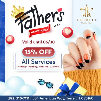 HAPPY HOURS

Father's Day is just around the corner and swing by during our HAPPY HOURS to enjoy:
15% OFF All Services
Monday - Thursd