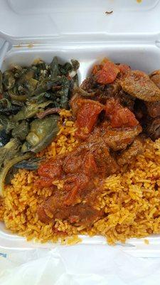 Calaloo and cabbage, oxtail and curry goat, fried rice.