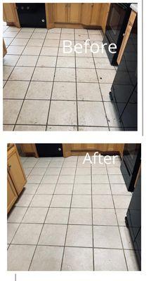 Before: Dull, stained kitchen floor with visible dirt and grime.
After: Sparkling clean floor, restored shine, and spotless surface.