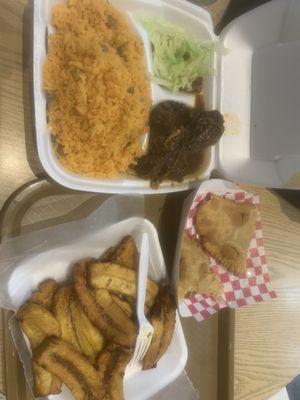 Fried plantains, beef and cheese empanada and chicken with rice.