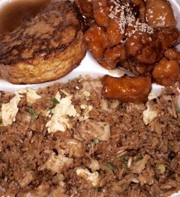 Delicious chicken fried Rice  chicken egg foo young and sesame chicken this my favorite Chinese spot