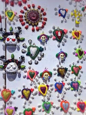 Glitter hearts! At Davis Mather Folk Art Gallery, one block off NW corner of Plaza.