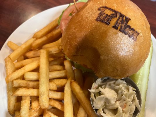 Cheeseburger with fries and coleslaw