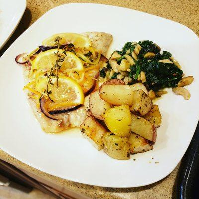 Fish en Papillote with Sauteed Spinach and Mushrooms with Roasted Potatoes