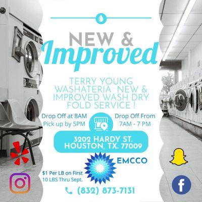 New & Improved Wash Dry Fold Service Begins September 4th, 2023 !!!!  Same Day Service Available!