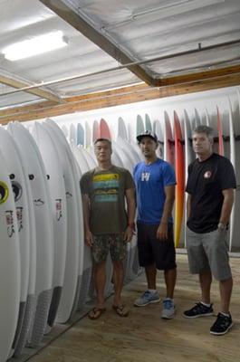 T&C Surfboard Factory shapers Glenn Pang, Tommy Tanaka and Makani McDonald.